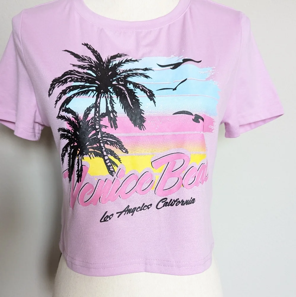 Venice Beach pastel purple pink yellow and blue graphic cropped tee size L - Picture 5 of 8